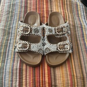 House of Harlow 1960 Beaded Sandals in White and Tan